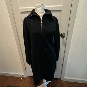 Talbots Quarter Zip Black Mock Neck Long Sleeve Sweater Dress Sz M Petite